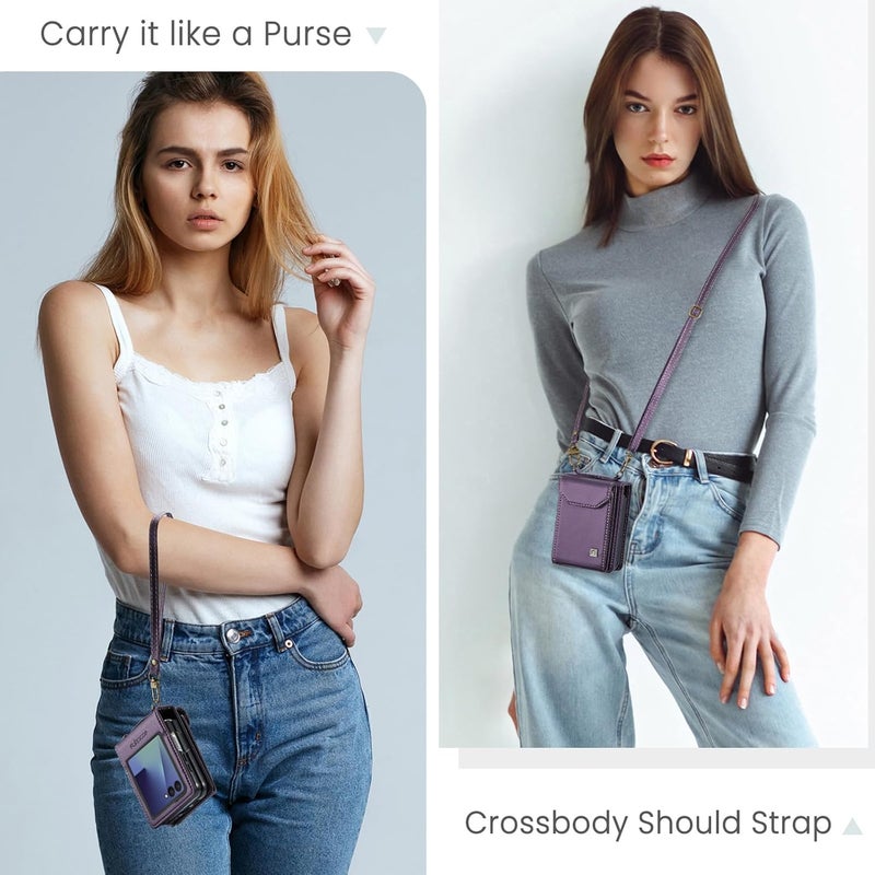 ASAPDOS Crossbody Case Compatible with Samsung Galaxy Z Flip 7,Retro PU Leather Strap Wristlet Flip Case with Magnetic Closure and Card Holder for Men Women Purple - Image 3